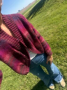 Vintage Hand Knit Burgundy Marled Open Front Cardigan Sweater Boho Cottagecore